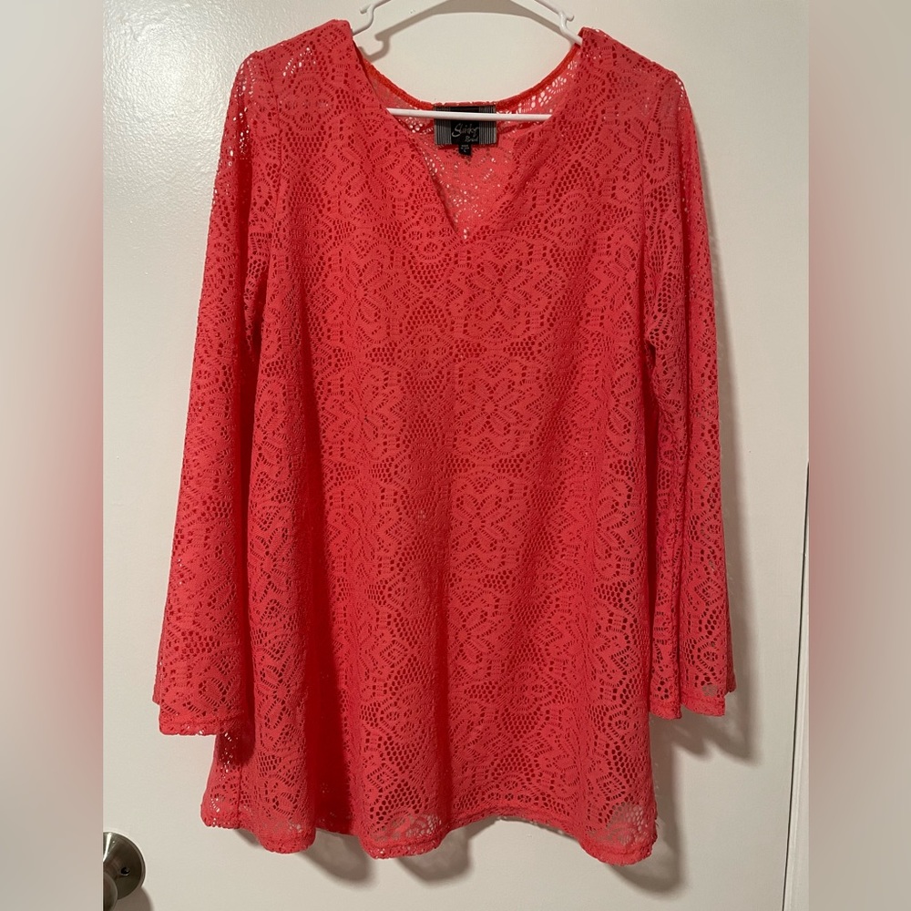 Silky Brand Coral Lace Bell Sleeve Top Beach Coverup Sz L